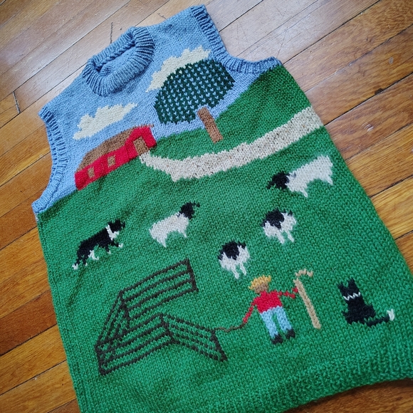 90s Vintage Handmade Wool Sleeveless Sweater Vest Garden Farm Handknit Medium - Picture 2 of 7
